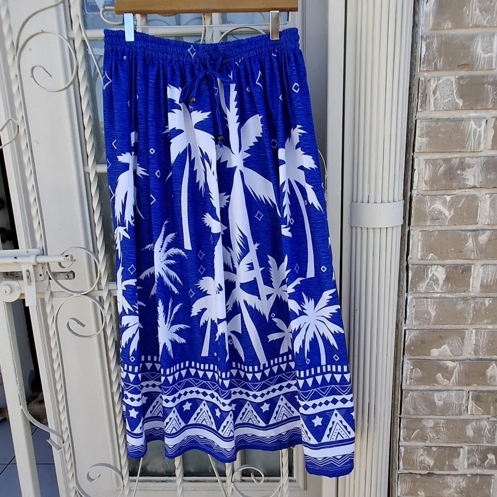 Gypsy Blu Palm Tree Print Blue White Drawstring Midi Maxi Skirt Women Size Large - Picture 4 of 16